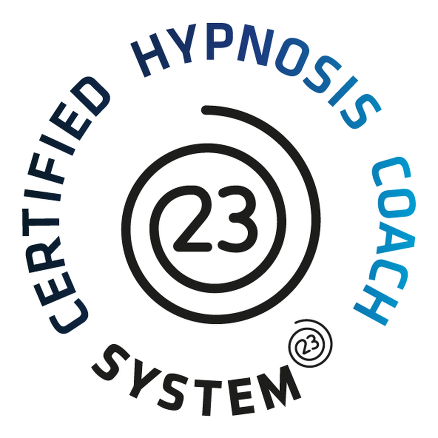 Energie Stüberl - Marianne Roßmadl - Energetische Heilarbeit und Massage - Kreisförmiges Logo mit Textaufschrift Certified Hypnosis Coach System 23 rund um ein Spiraldesign